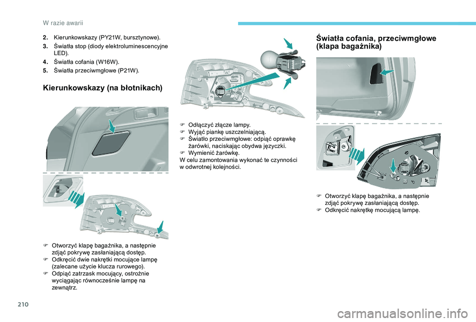 Peugeot 308 2018  Instrukcja Obsługi (in Polish) 210
2.Kierunkowskazy (PY21W, bursztynowe).
3. Światła stop (diody elektroluminescencyjne 
LED).
4. Światła cofania (W16W).
5. Światła przeciwmgłowe (P21W).
Kierunkowskazy (na błotnikach)
F Otw