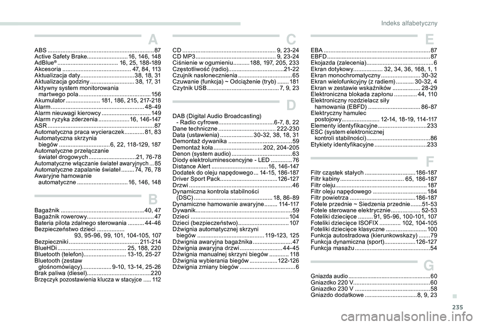 Peugeot 308 2018  Instrukcja Obsługi (in Polish) 235
AABS ................................................................. 87
Active Safety Brake......................... 16, 146, 148
AdBlue
® ..................................... 16, 25, 188 -189