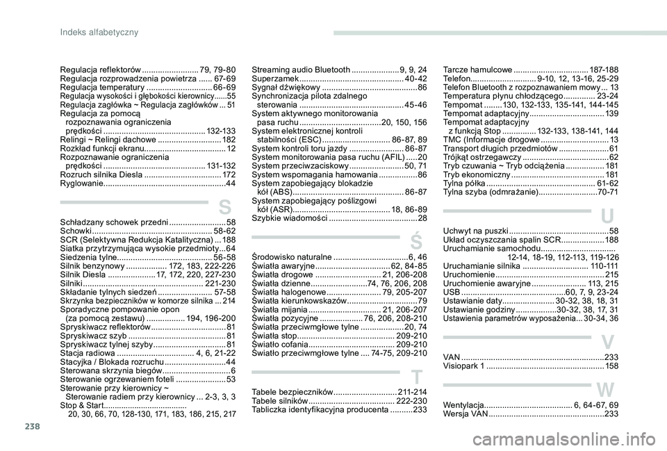 Peugeot 308 2018  Instrukcja Obsługi (in Polish) 238
Regulacja reflektorów ......................... 79, 79 - 80
Regulacja rozprowadzenia powietrza  ......6
7- 6 9
Regulacja temperatury
 ............................. 6

6-69
Regulacja wysokości i 