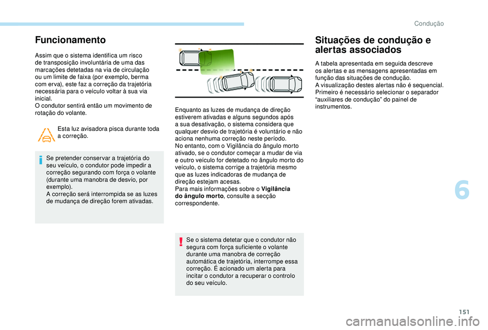 Peugeot 308 2018  Manual do proprietário (in Portuguese) 151
Funcionamento
Assim que o sistema identifica um risco 
de transposição involuntária de uma das 
marcações detetadas na via de circulação 
ou um limite de faixa (por exemplo, berma 
com er v