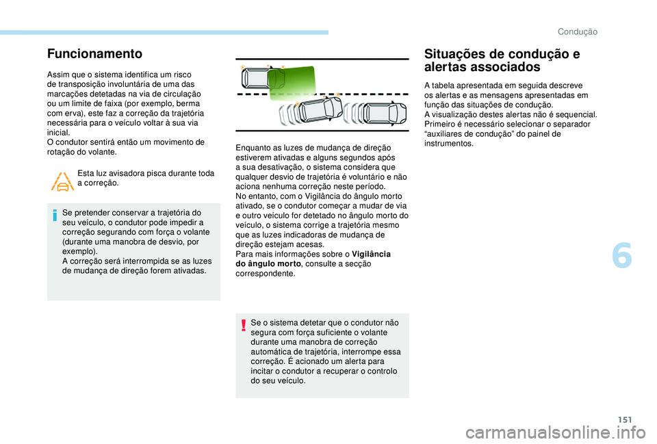 Peugeot 308 2018 Manual do proprietário (in Portuguese) 151
Funcionamento
Assim que o sistema identifica um risco
de transposição involuntária de uma das
marcações detetadas na via de circulação
ou um limite de faixa (por exemplo, berma
com er v Peugeot 308 2018 Manual do proprietário (in Portuguese) 151
Funcionamento
Assim que o sistema identifica um risco
de transposição involuntária de uma das
marcações detetadas na via de circulação
ou um limite de faixa (por exemplo, berma
com er v
