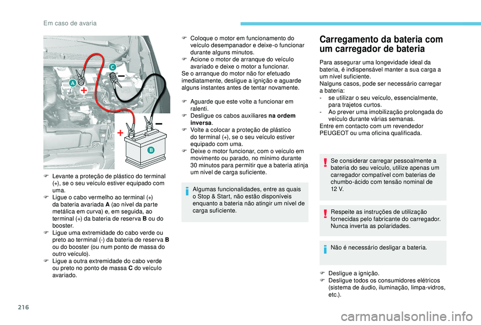 Peugeot 308 2018 Manual do proprietário (in Portuguese) 216
F Coloque o motor em funcionamento do veículo desempanador e deixe-o funcionar
durante alguns minutos.
F
A
cione o motor de arranque do veículo
avariado e deixe o motor a funcionar.
Se o ar Peugeot 308 2018 Manual do proprietário (in Portuguese) 216
F Coloque o motor em funcionamento do veículo desempanador e deixe-o funcionar
durante alguns minutos.
F
A
cione o motor de arranque do veículo
avariado e deixe o motor a funcionar.
Se o ar