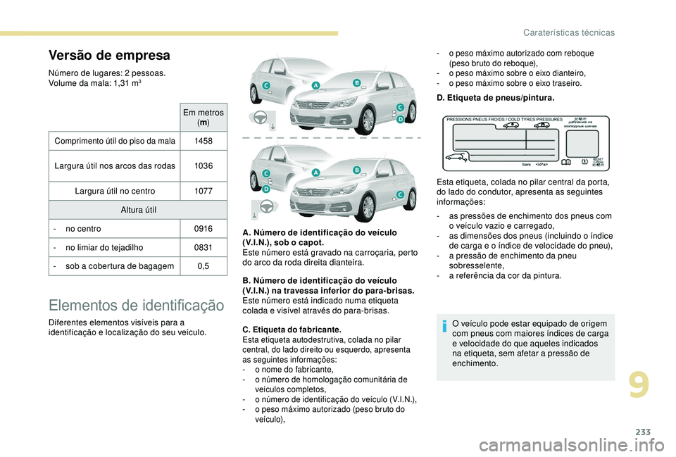 Peugeot 308 2018 Manual do proprietário (in Portuguese) 233
Versão de empresa
Número de lugares: 2 pessoas.
Volume da mala: 1,31 m3
Em metros (m )
Comprimento útil do piso da mala145 8
Largura útil nos arcos das rodas 1036
Largura útil no centro 1077 Peugeot 308 2018 Manual do proprietário (in Portuguese) 233
Versão de empresa
Número de lugares: 2 pessoas.
Volume da mala: 1,31 m3
Em metros (m )
Comprimento útil do piso da mala145 8
Largura útil nos arcos das rodas 1036
Largura útil no centro 1077