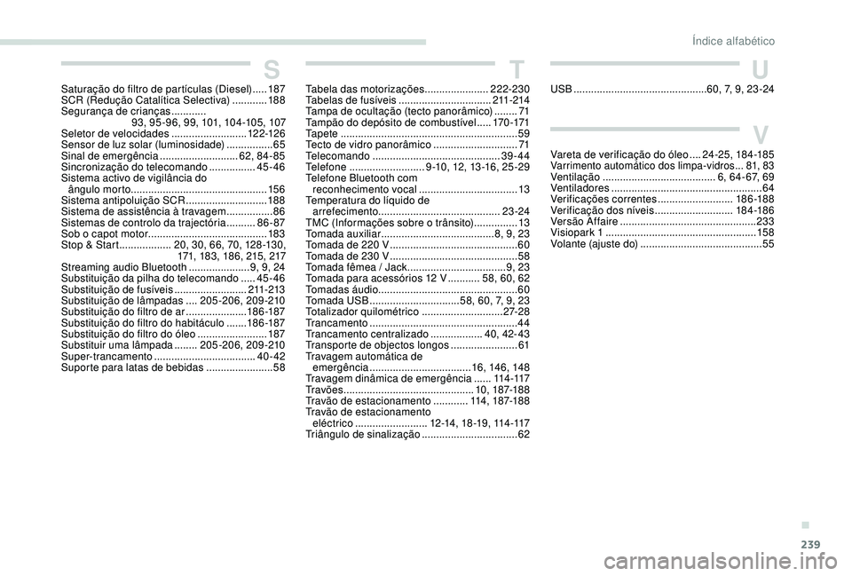 Peugeot 308 2018 Manual do proprietário (in Portuguese) 239
SSaturação do filtro de partículas (Diesel) .....18 7
SCR (Redução Catalítica Selectiva) ............ 18
8
Segurança de crianças
............
93, 95 -96, 99, 101, 104-105, 107
Seletor d Peugeot 308 2018 Manual do proprietário (in Portuguese) 239
SSaturação do filtro de partículas (Diesel) .....18 7
SCR (Redução Catalítica Selectiva) ............ 18
8
Segurança de crianças
............
93, 95 -96, 99, 101, 104-105, 107
Seletor d