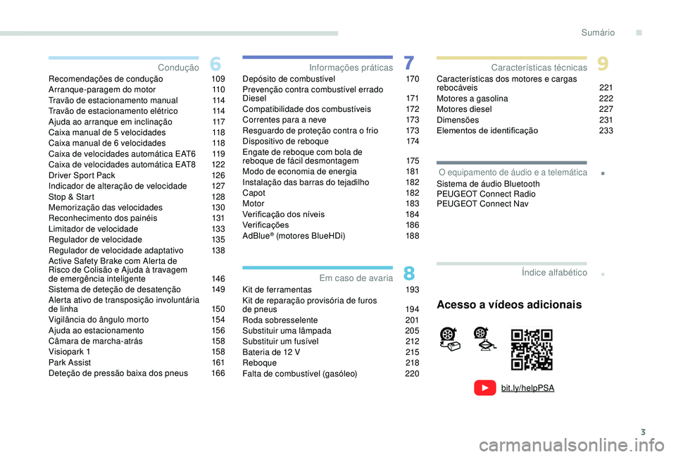 Peugeot 308 2018  Manual do proprietário (in Portuguese) 3
.
bit.ly/helpPSA
.
Recomendações de condução 109
Arranque-paragem do motor 1 10
Travão de estacionamento manual
 1

14
Travão de estacionamento elétrico
 
1
 14
Ajuda ao arranque em inclinaç