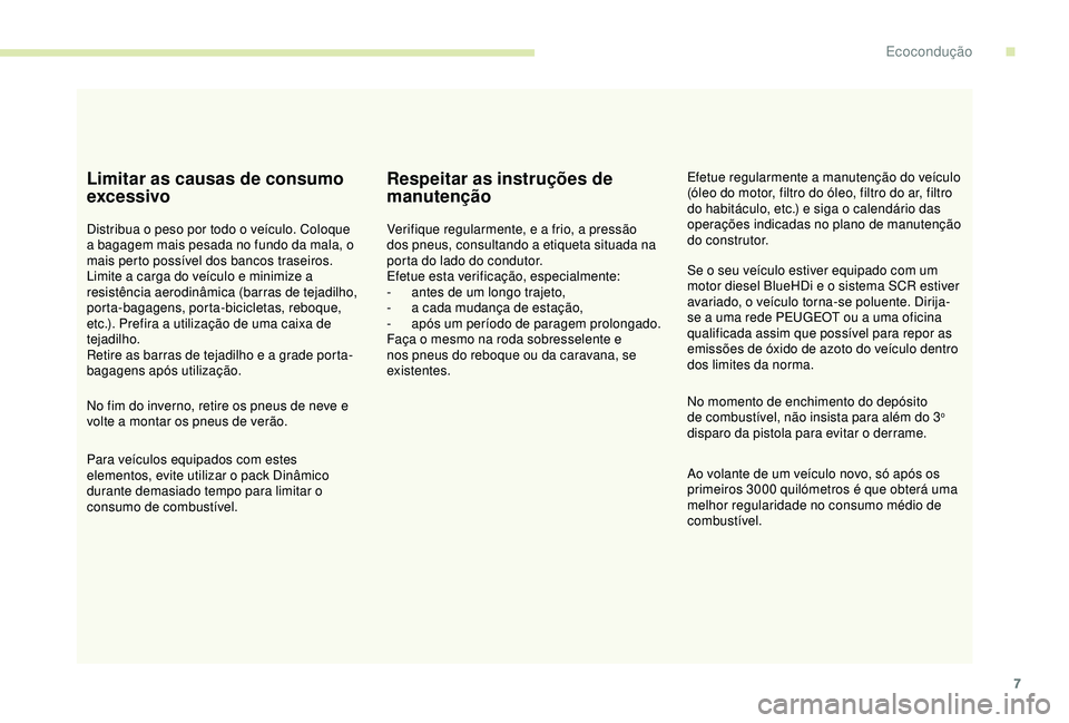 Peugeot 308 2018  Manual do proprietário (in Portuguese) 7
Limitar as causas de consumo 
excessivo
Distribua o peso por todo o veículo. Coloque 
a bagagem mais pesada no fundo da mala, o 
mais perto possível dos bancos traseiros.
Limite a carga do veícul