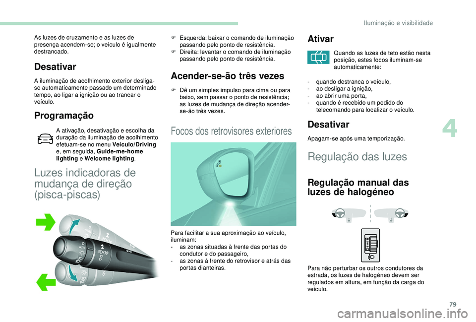 Peugeot 308 2018  Manual do proprietário (in Portuguese) 79
Desativar
A iluminação de acolhimento exterior desliga-
se automaticamente passado um determinado 
tempo, ao ligar a ignição ou ao trancar o 
veículo.
Programação
A ativação, desativação