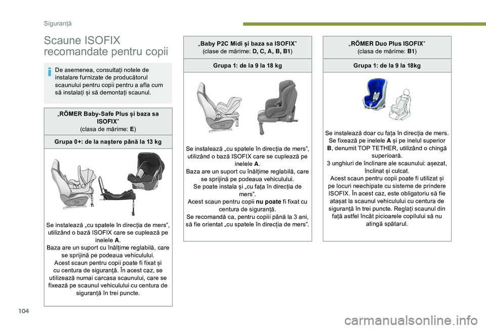 Peugeot 308 2018 Manualul de utilizare (in Romanian) 104
Scaune ISOFIX
recomandate pentru copii
De asemenea, consultați notele de
instalare furnizate de producătorul
scaunului pentru copii pentru a afla cum
să instalați și să demontați scaunu Peugeot 308 2018 Manualul de utilizare (in Romanian) 104
Scaune ISOFIX
recomandate pentru copii
De asemenea, consultați notele de
instalare furnizate de producătorul
scaunului pentru copii pentru a afla cum
să instalați și să demontați scaunu