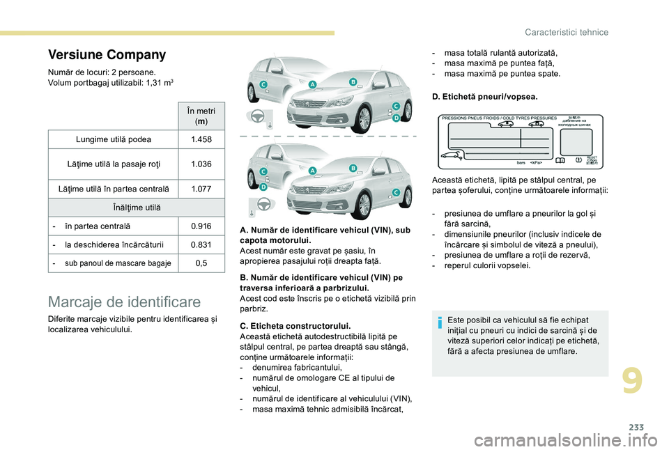 Peugeot 308 2018 Manualul de utilizare (in Romanian) 233
Versiune Company
Număr de locuri: 2 persoane.
Volum portbagaj utilizabil: 1,31 m3
În metri (m )
Lungime utilă podea 1.4 5 8
Lăţime utilă la pasaje roţi 1.03 6
Lăţime utilă în partea ce Peugeot 308 2018 Manualul de utilizare (in Romanian) 233
Versiune Company
Număr de locuri: 2 persoane.
Volum portbagaj utilizabil: 1,31 m3
În metri (m )
Lungime utilă podea 1.4 5 8
Lăţime utilă la pasaje roţi 1.03 6
Lăţime utilă în partea ce