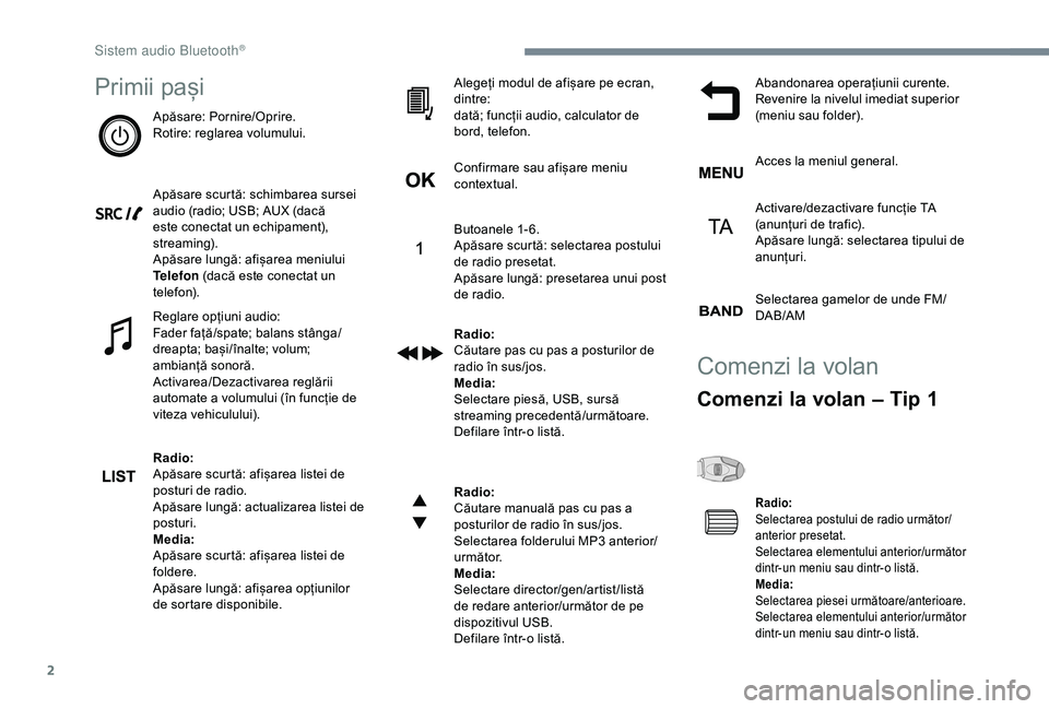 Peugeot 308 2018 Manualul de utilizare (in Romanian) 2
Primii pași
Apăsare: Pornire/Oprire.
Rotire: reglarea volumului.
Apăsare scurtă: schimbarea sursei
audio (radio; USB; AUX (dacă
este conectat un echipament),
streaming).
Apăsare lungă: afi Peugeot 308 2018 Manualul de utilizare (in Romanian) 2
Primii pași
Apăsare: Pornire/Oprire.
Rotire: reglarea volumului.
Apăsare scurtă: schimbarea sursei
audio (radio; USB; AUX (dacă
este conectat un echipament),
streaming).
Apăsare lungă: afi