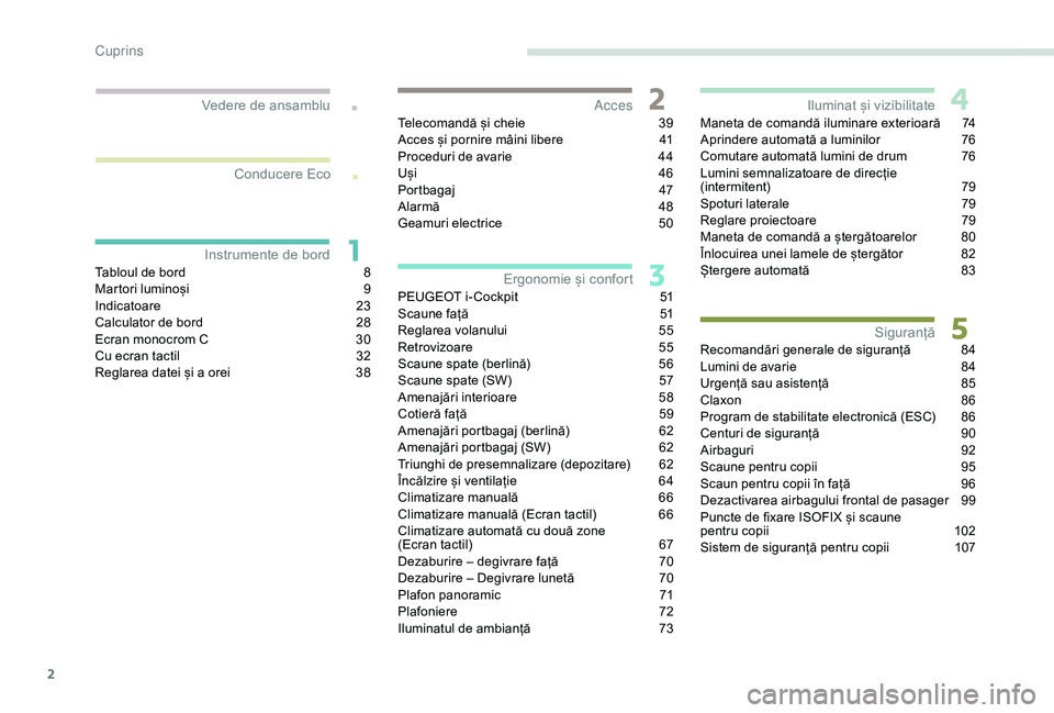 Peugeot 308 2018  Manualul de utilizare (in Romanian) 2
.
.
Tabloul de bord 8
M artori luminoși  9
In
dicatoare
 2
 3
Calculator de bord
 
2
 8
Ecran monocrom C
 
3
 0
Cu ecran tactil
 
3
 2
Reglarea datei și a orei
 
3
 8Telecomandă și cheie
 
3
 9

