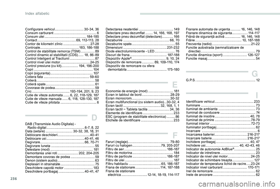 Peugeot 308 2018 Manualul de utilizare (in Romanian) 236
Configurare vehicul ............................... 30 -34, 36
Consum carburant .............................................. 6
C
onsum ulei
............................................. 18
4 Peugeot 308 2018 Manualul de utilizare (in Romanian) 236
Configurare vehicul ............................... 30 -34, 36
Consum carburant .............................................. 6
C
onsum ulei
............................................. 18
4