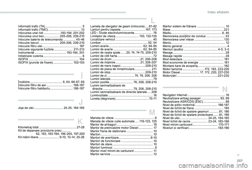Peugeot 308 2018 Manualul de utilizare (in Romanian) 237
Informatii trafic (TA) ............................................5
I nformatii trafic (TMC) ....................................... 13
I
nlocuirea unei roti
....................19
3 -19 4, 2 Peugeot 308 2018 Manualul de utilizare (in Romanian) 237
Informatii trafic (TA) ............................................5
I nformatii trafic (TMC) ....................................... 13
I
nlocuirea unei roti
....................19
3 -19 4, 2