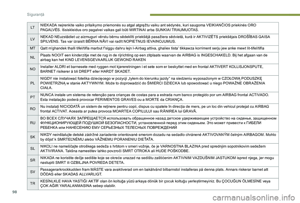 Peugeot 308 2018  Manualul de utilizare (in Romanian) 98
LTNIEK ADA neįrenkite vaiko prilaikymo priemonės su atgal atgręžtu vaiku ant sėdynės, kuri saugoma VEIKIANČIOS priekinės ORO 
PAGALVĖS. Išsiskleidus oro pagalvei vaikas gali būti MIRTINA