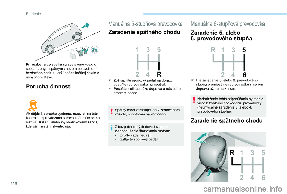 Peugeot 308 2018 Užívateľská príručka (in Slovak) 118
Porucha činnosti
Manuálna 5-stupňová prevodovka
Zaradenie spätného chodu
Spätný chod zaraďujte len v zastavenom
vozidle, s motorom na voľnobeh.
Z bezpečnostných dôvodov a pre
zjedno Peugeot 308 2018 Užívateľská príručka (in Slovak) 118
Porucha činnosti
Manuálna 5-stupňová prevodovka
Zaradenie spätného chodu
Spätný chod zaraďujte len v zastavenom
vozidle, s motorom na voľnobeh.
Z bezpečnostných dôvodov a pre
zjedno
