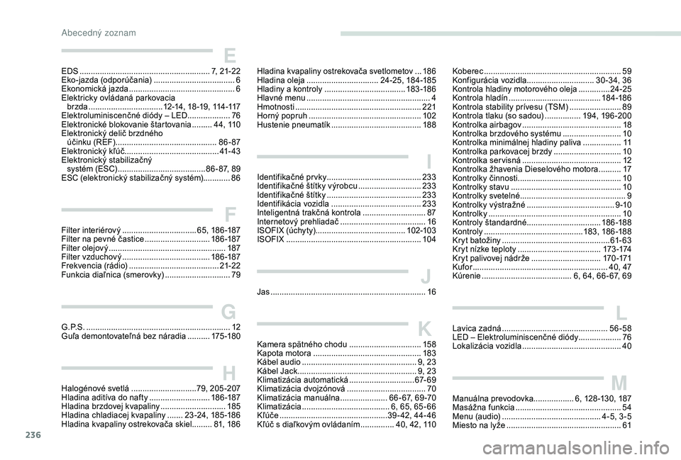 Peugeot 308 2018  Užívateľská príručka (in Slovak) 236
EEDS .......................................................... 7, 21-22
Eko-jazda (odporúčania)  ....................................6
Ekonomická jazda
  ......................................