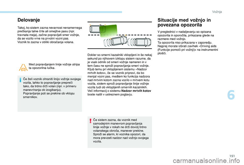 Peugeot 308 2018  Priročnik za lastnika (in Slovenian) 151
Delovanje
Takoj, ko sistem zazna nevarnost nenamernega 
prečkanja	 talne 	 črte 	 ali 	 omejitve 	 pasu 	 (npr. 	
t

ravnata 	 meja), 	 začne 	 popravljati 	 smer 	 vožnje, 	
d

a se vozilo vr