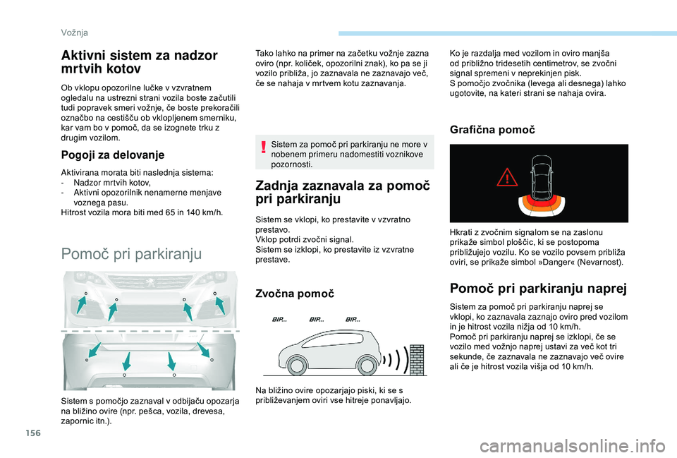 Peugeot 308 2018 Priročnik za lastnika (in Slovenian) 156
Aktivni sistem za nadzor
mrtvih kotov
Ob vklopu opozorilne lučke v vzvratnem ogledalu na ustrezni strani vozila boste začutili
t
udi popravek smeri vožnje, če boste Peugeot 308 2018 Priročnik za lastnika (in Slovenian) 156
Aktivni sistem za nadzor
mrtvih kotov
Ob vklopu opozorilne lučke v vzvratnem ogledalu na ustrezni strani vozila boste začutili
t
udi popravek smeri vožnje, če boste