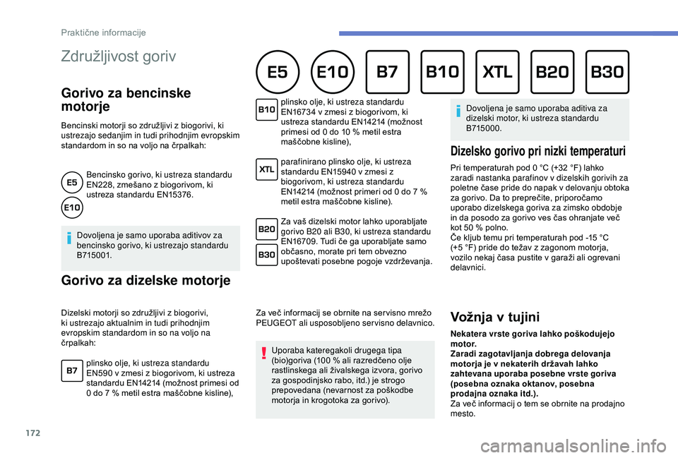 Peugeot 308 2018 Priročnik za lastnika (in Slovenian) 172
Združljivost goriv
Gorivo za bencinske
motorje
Bencinski motorji so združljivi z biogorivi, ki us
trezajo sedanjim in tudi prihodnjim evropskim
standardom
in so na voljo na črpal Peugeot 308 2018 Priročnik za lastnika (in Slovenian) 172
Združljivost goriv
Gorivo za bencinske
motorje
Bencinski motorji so združljivi z biogorivi, ki us
trezajo sedanjim in tudi prihodnjim evropskim
standardom
in so na voljo na črpal