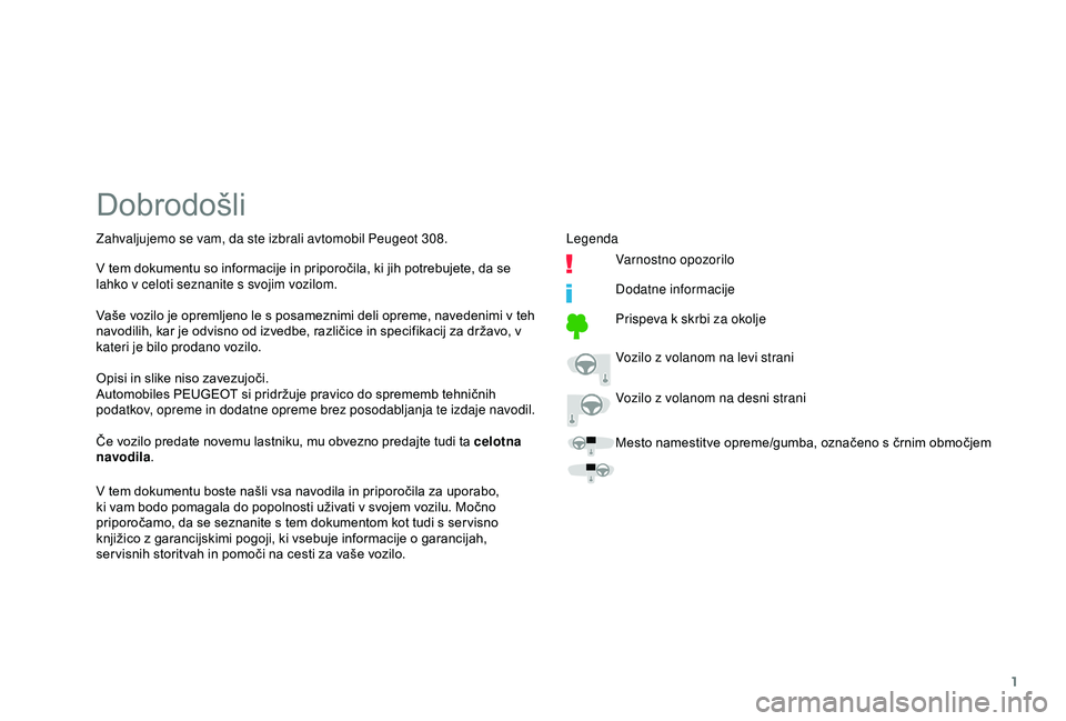 Peugeot 308 2018  Priročnik za lastnika (in Slovenian) 1
Dobrodošli
Opisi	in	slike	niso	zavezujoči.
A utomobiles 	 PEUGEOT 	 si 	 pridržuje 	 pravico 	 do 	 sprememb 	 tehničnih 	
p

odatkov, opreme in dodatne opreme brez posodabljanja te izdaje navod