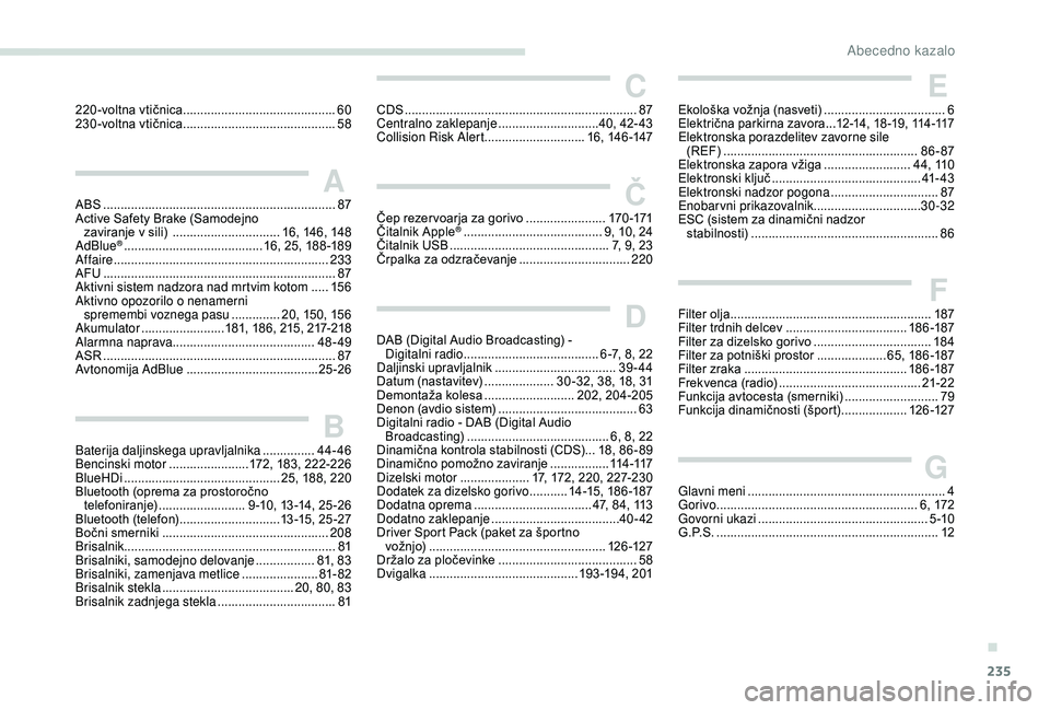 Peugeot 308 2018  Priročnik za lastnika (in Slovenian) 235
220 -voltna	vtičnica ............................................60
2 30 -voltna 	 vtičnica   ............................................ 58
AABS ...............................................