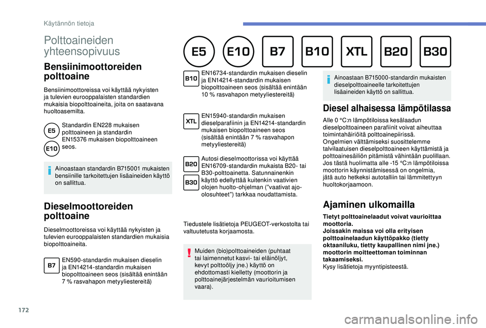 Peugeot 308 2018  Omistajan käsikirja (in Finnish) 172
Polttoaineiden 
yhteensopivuus 
Bensiinimoottoreiden 
polttoaine
Bensiinimoottoreissa voi käyttää nykyisten 
ja tulevien eurooppalaisten standardien 
mukaisia biopolttoaineita, joita on saatava