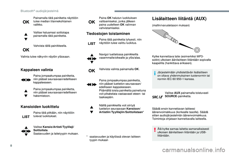 Peugeot 308 2018  Omistajan käsikirja (in Finnish) 8
Painamalla tätä painiketta näyttöön 
tulee median tilannekohtainen 
valikko.
Valitse haluamasi soittotapa 
painamalla tätä painiketta.
Vahvista tällä painikkeella.
Valinta tulee näkyviin n