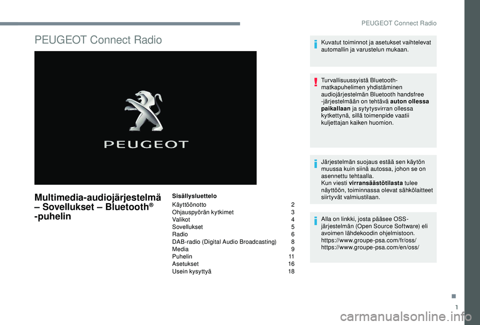 Peugeot 308 2018 Omistajan käsikirja (in Finnish) 1
PEUGEOT Connect Radio
Multimedia-audiojärjestelmä
– Sovellukset – Bluetooth®
-puhelin
Sisällysluettelo
Käyttöönotto
2
O
hjauspyörän kytkimet
3
V
alikot
4
S
ovellukset 5
Radio
Peugeot 308 2018 Omistajan käsikirja (in Finnish) 1
PEUGEOT Connect Radio
Multimedia-audiojärjestelmä
– Sovellukset – Bluetooth®
-puhelin
Sisällysluettelo
Käyttöönotto
2
O
hjauspyörän kytkimet
3
V
alikot
4
S
ovellukset 5
Radio