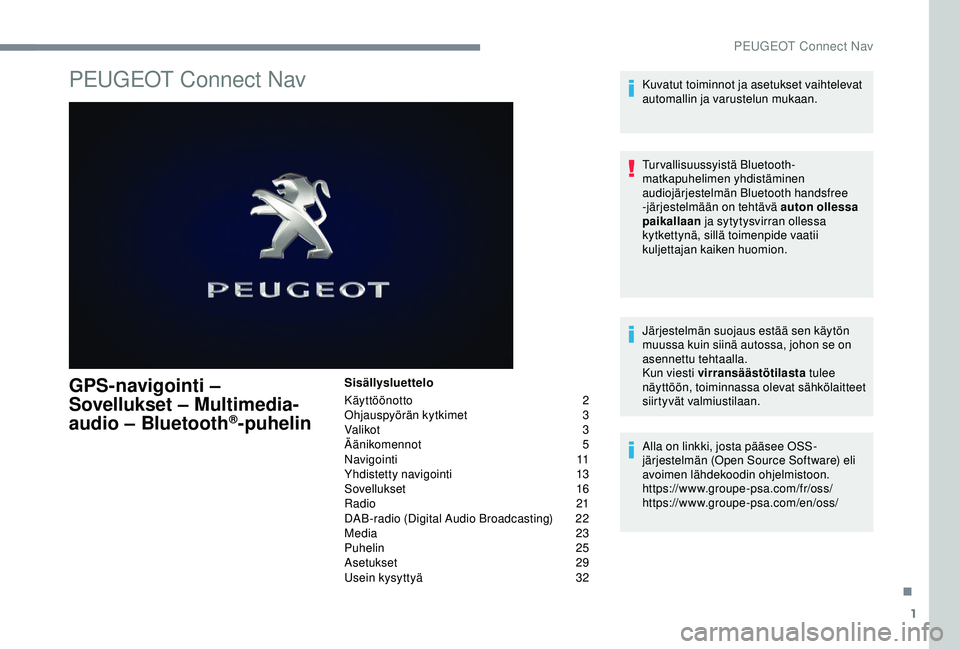 Peugeot 308 2018 Omistajan käsikirja (in Finnish) 1
PEUGEOT Connect Nav
GPS-navigointi –
Sovellukset – Multimedia-
audio – Bluetooth
®-puhelin
Sisällysluettelo
Käyttöönotto
2
O
hjauspyörän kytkimet
3
V
alikot
3
Ä
änikomennot
5
Peugeot 308 2018 Omistajan käsikirja (in Finnish) 1
PEUGEOT Connect Nav
GPS-navigointi –
Sovellukset – Multimedia-
audio – Bluetooth
®-puhelin
Sisällysluettelo
Käyttöönotto
2
O
hjauspyörän kytkimet
3
V
alikot
3
Ä
änikomennot
5
