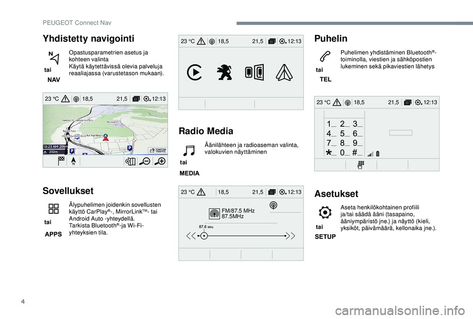 Peugeot 308 2018  Omistajan käsikirja (in Finnish) 4
12:13
18,5 21,5
23 °C
FM/87.5 MHz
87.5MHz
12:13
18,5 21,5
23 °C
12:13
18,5 21,5
23 °C
12:13
18,5 21,5
23 °C
Yhdistetty navigointi
 tai  Opastusparametrien asetus ja 
kohteen valinta
Käytä käy