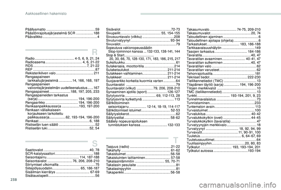 Peugeot 308 2018  Omistajan käsikirja (in Finnish) 238
Päällysmatto ................................................... 59
Päästönrajoitusjärjestelmä SCR  ..................188
Päävalikko
 

...................................................