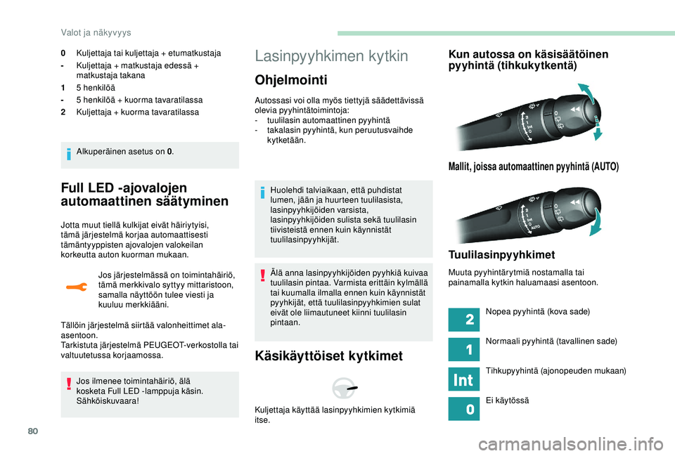 Peugeot 308 2018 Omistajan käsikirja (in Finnish) 80
Full LED -ajovalojen
automaattinen säätyminen
Jotta muut tiellä kulkijat eivät häiriytyisi,
tämä järjestelmä korjaa automaattisesti
tämäntyyppisten ajovalojen valokeilan
korkeutta au Peugeot 308 2018 Omistajan käsikirja (in Finnish) 80
Full LED -ajovalojen
automaattinen säätyminen
Jotta muut tiellä kulkijat eivät häiriytyisi,
tämä järjestelmä korjaa automaattisesti
tämäntyyppisten ajovalojen valokeilan
korkeutta au