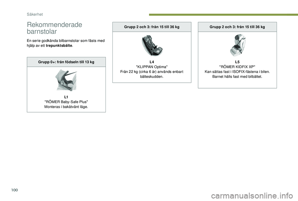 Peugeot 308 2018  Ägarmanual (in Swedish) 100
Rekommenderade 
barnstolar
En serie godkända bilbarnstolar som fästs med 
hjälp av ett trepunktsbälte.
Grupp 0+: från födseln till 13
  kg
L1
"RÖMER Baby-Safe Plus"
Monteras i bakå