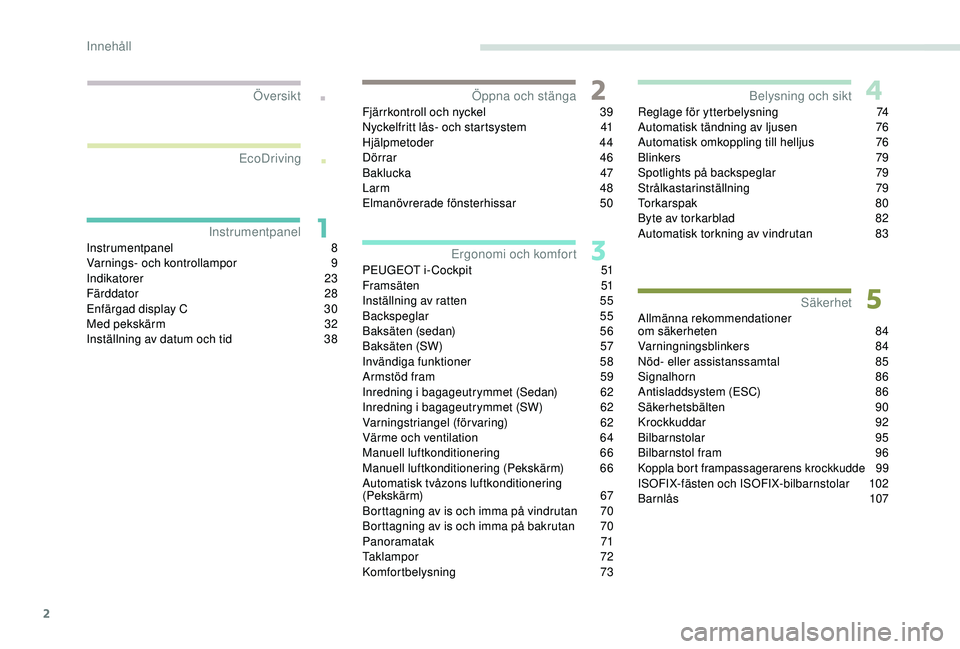 Peugeot 308 2018  Ägarmanual (in Swedish) 2
.
.
Instrumentpanel 8
Varnings- och kontrollampor 9
I
ndikatorer
 
 23
Färddator
 

28
Enfärgad display C
 
3
 0
Med pekskärm
 
3
 2
Inställning av datum och tid
 
3
 8Fjärrkontroll och nyckel
