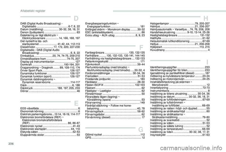 Peugeot 308 2018  Ägarmanual (in Swedish) 236
DDAB (Digital Audio Broadcasting) - Digitalradio  .......................................... 6 -7, 8, 22
Datum (inställning)
 .................... 3

0 -32, 38, 18, 31
Denon (ljudsystem)
 

.....