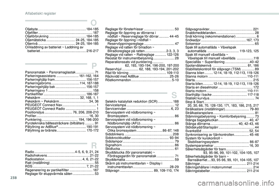 Peugeot 308 2018  Ägarmanual (in Swedish) 238
OOljebyte .................................................... 18 4 -185
Oljefilter  ........................................................... 187
Oljeförbrukning
 

...........................