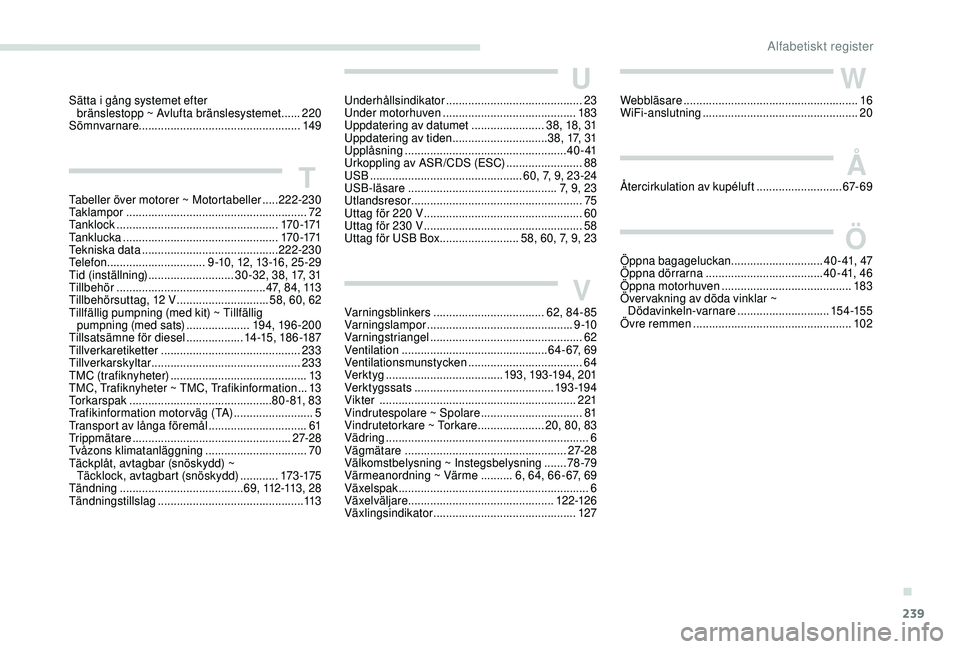 Peugeot 308 2018 Ägarmanual (in Swedish) 239
Sätta i gång systemet efter bränslestopp ~ Avlufta bränslesystemet ...... 2
20
Sömnvarnare ................................................... 149
TTabeller över motorer ~ Motortabeller .... Peugeot 308 2018 Ägarmanual (in Swedish) 239
Sätta i gång systemet efter bränslestopp ~ Avlufta bränslesystemet ...... 2
20
Sömnvarnare ................................................... 149
TTabeller över motorer ~ Motortabeller ....