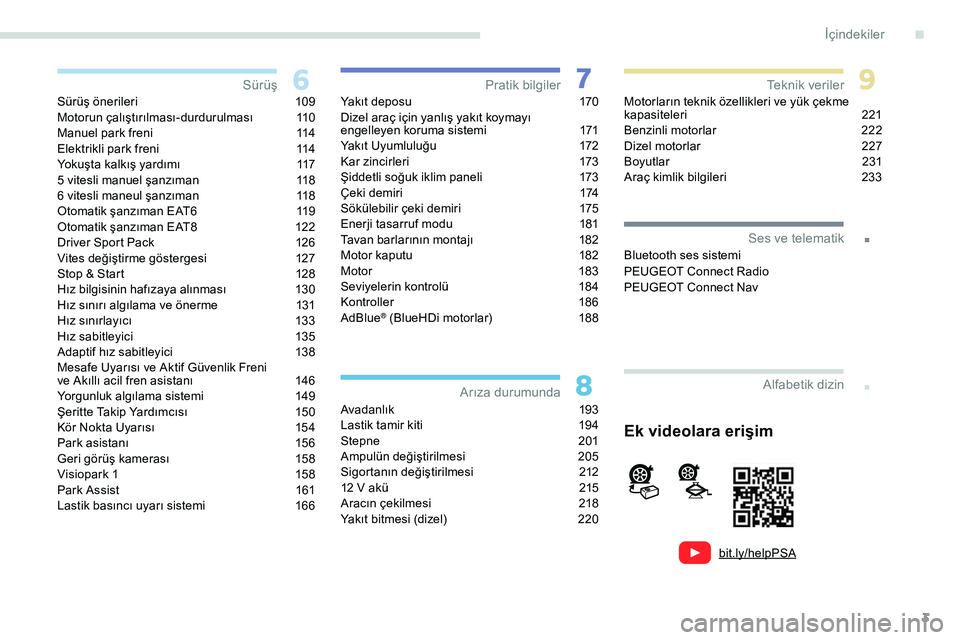 Peugeot 308 2018  Kullanım Kılavuzu (in Turkish) 3
.
bit.ly/helpPSA
.
Sürüş önerileri 109
Motorun çalıştırılması-durdurulması 1 10
Manuel park freni
 
1
 14
Elektrikli park freni
 
1
 14
Yokuşta kalkış yardımı
 
1
 17
5 vitesli manue