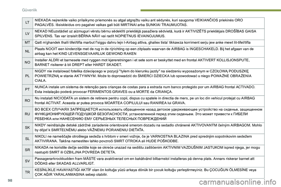 Peugeot 308 2018 Kullanım Kılavuzu (in Turkish) 98
LTNIEK ADA neįrenkite vaiko prilaikymo priemonės su atgal atgręžtu vaiku ant sėdynės, kuri saugoma VEIKIANČIOS priekinės ORO
PAGALVĖS. Išsiskleidus oro pagalvei vaikas gali būti MIRTINA Peugeot 308 2018 Kullanım Kılavuzu (in Turkish) 98
LTNIEK ADA neįrenkite vaiko prilaikymo priemonės su atgal atgręžtu vaiku ant sėdynės, kuri saugoma VEIKIANČIOS priekinės ORO
PAGALVĖS. Išsiskleidus oro pagalvei vaikas gali būti MIRTINA