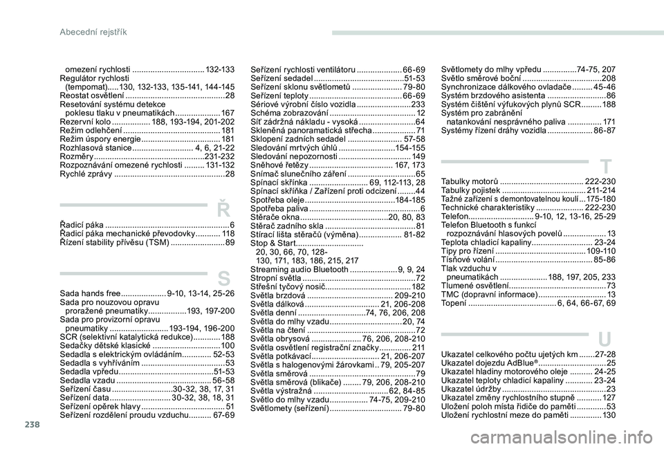 Peugeot 308 2018  Návod k obsluze (in Czech) 238
omezení rychlosti ................................132-13 3
Regulátor rychlosti  (tempomat) .....130, 132-133, 135 -141, 144-145
Reostat osvětlení
 
............................................