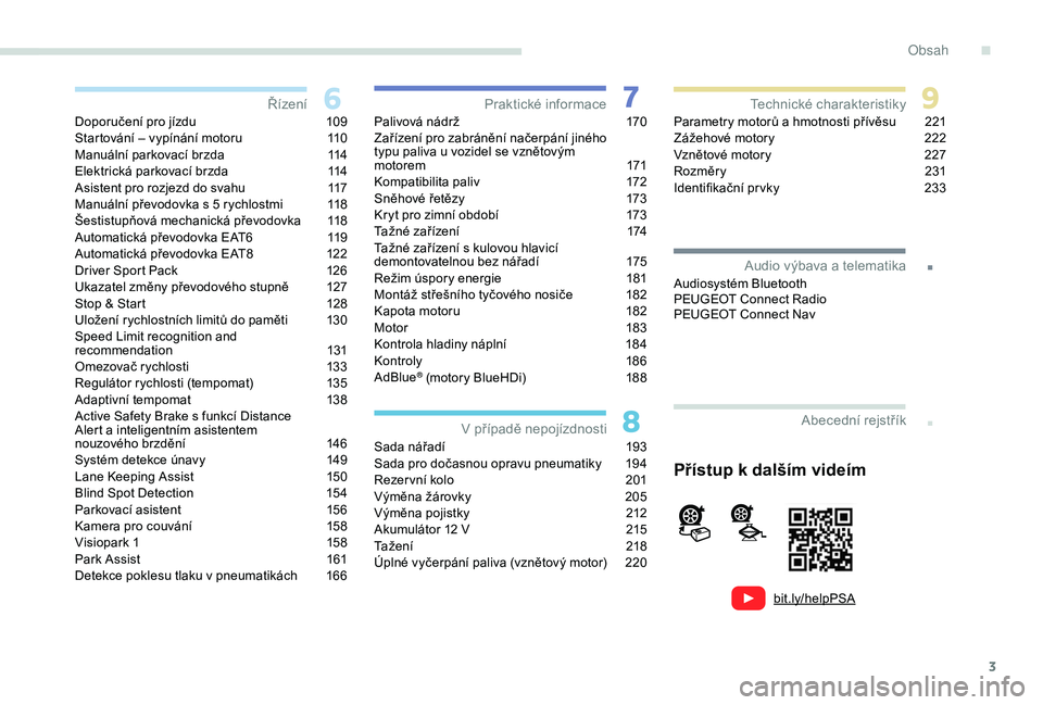 Peugeot 308 2018  Návod k obsluze (in Czech) 3
.
bit.ly/helpPSA
.
Doporučení pro jízdu 109
Startování – vypínání motoru  1 10
Manuální parkovací brzda
 
1
 14
Elektrická parkovací brzda
 
1
 14
Asistent pro rozjezd do svahu
 
1
 1