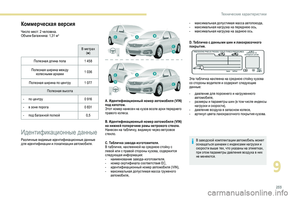 Peugeot 308 2018 Инструкция по эксплуатации (in Russian) 233
Коммерческая версия
Число мест: 2 человека.
Объем багажника: 1,31 м3
В метрах (м )
Полезная длина пола 1
458
Поле Peugeot 308 2018 Инструкция по эксплуатации (in Russian) 233
Коммерческая версия
Число мест: 2 человека.
Объем багажника: 1,31 м3
В метрах (м )
Полезная длина пола 1
458
Поле