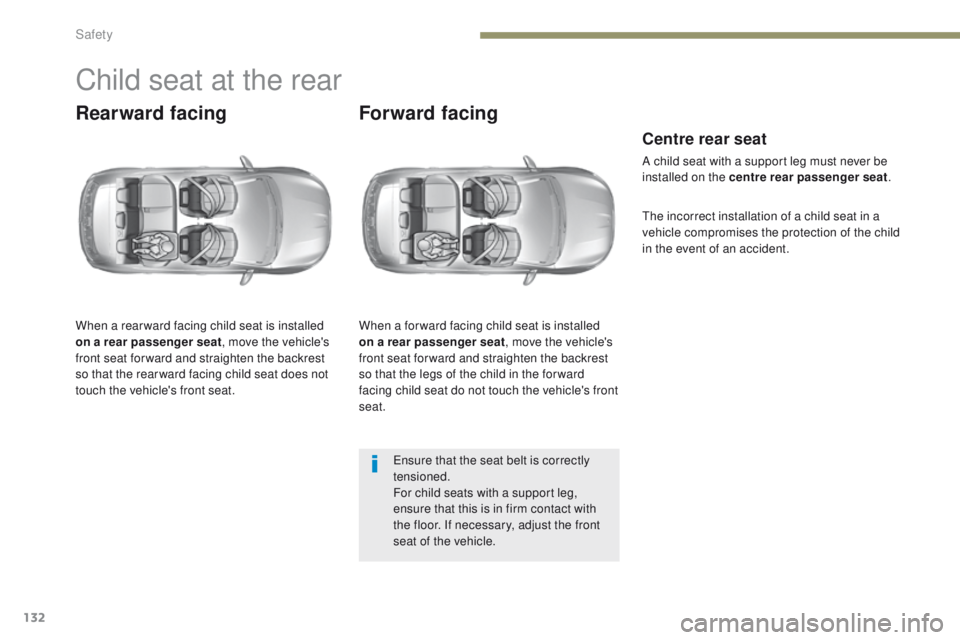 Peugeot 308 2017  Owners Manual 132
308_en_Chap05_securite_ed01-2016
Child seat at the rear
Rearward facing
When a rear ward facing child seat is installed 
on a rear passenger seat, move the vehicle's 
front seat for ward and s