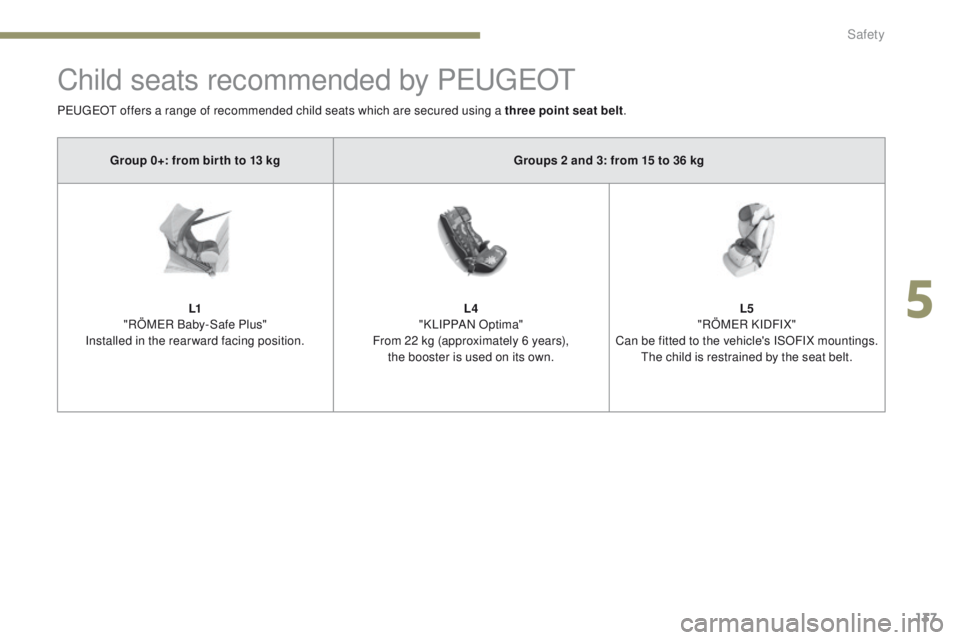 Peugeot 308 2017  Owners Manual 137
308_en_Chap05_securite_ed01-2016
Child seats recommended by PeugeOt
PeugeOt offers a range of recommended child seats which are secured using a three point seat belt .
Group 0+: from bir th to 13 