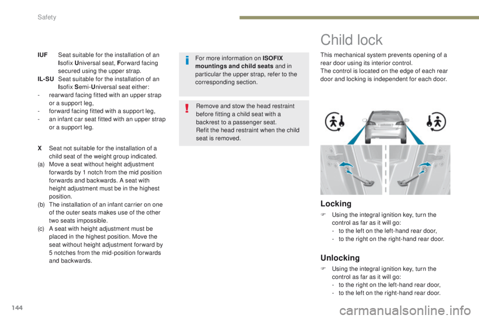 Peugeot 308 2017  Owners Manual 144
308_en_Chap05_securite_ed01-2016
IUF Seat suitable for the installation of an Isofix U niversal seat, F or ward facing 
secured using the upper strap.
IL- SU
 S

eat suitable for the installation 