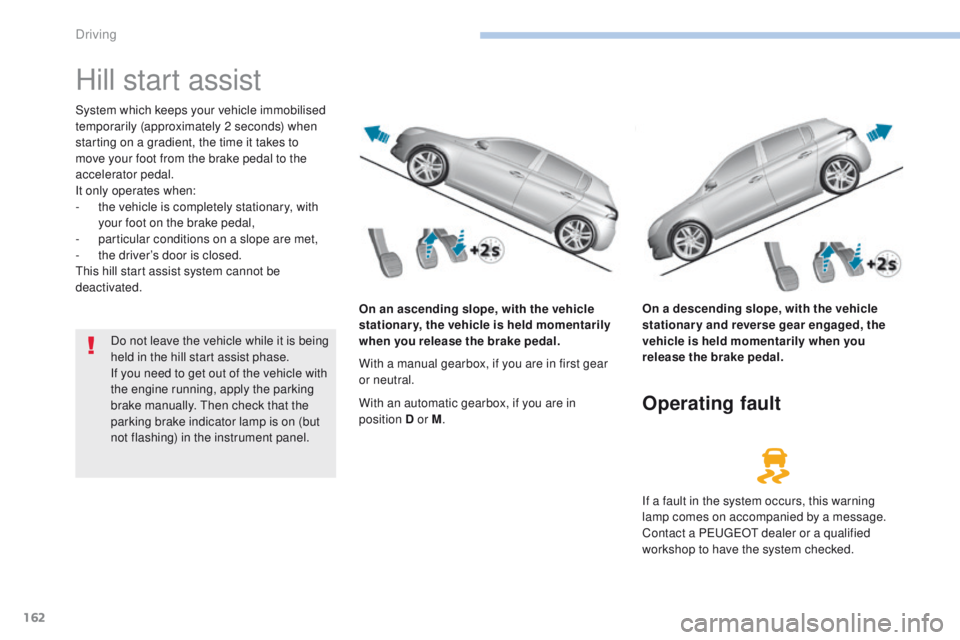 Peugeot 308 2017  Owners Manual 162
308_en_Chap06_conduite_ed01-2016
Hill start assist
System which keeps your vehicle immobilised 
temporarily (approximately 2 seconds) when 
starting on a gradient, the time it takes to 
move your 