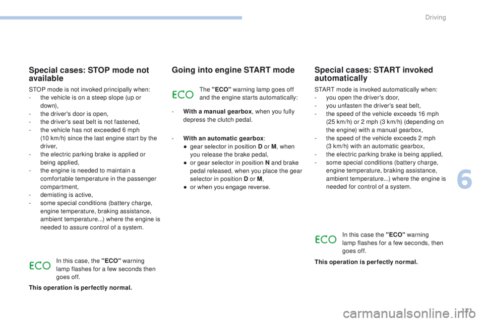 Peugeot 308 2017  Owners Manual 171
308_en_Chap06_conduite_ed01-2016
Special cases: STOP mode not 
available
StOP mode is not invoked principally when:
- t he vehicle is on a steep slope (up or 
d ow n),
-
 t

he driver's door i