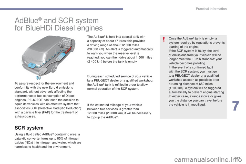 Peugeot 308 2017  Owners Manual 233
308_en_Chap07_info-pratiques_ed01-2016
AdBlue® and SCR system
for BlueHDi Diesel engines
to assure respect for the environment and 
conformity with the new 
eu ro 6 emissions 
standard, without a