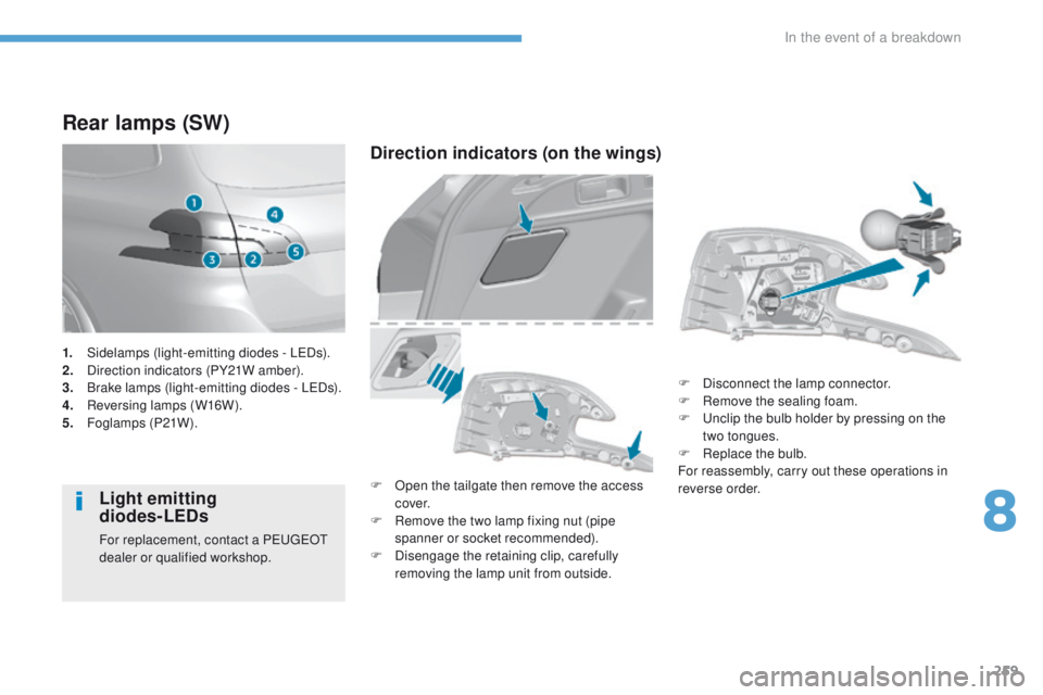 Peugeot 308 2017  Owners Manual 259
308_en_Chap08_en-cas-de-panne_ed01-2016
Rear lamps (SW)
Light emitting  
diodes-LEDs
For replacement, contact a Pe ugeOt  
dealer or qualified workshop.
Direction indicators (on the wings)
F Open 