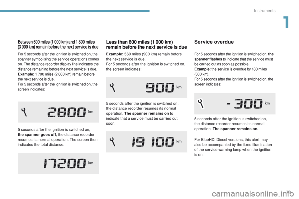 Peugeot 308 2017 Owners Guide 29
308_en_Chap01_instruments-de-bord_ed01-2016
Between 600 miles (1 000 km) and 1 800 miles  
(3 000 km) remain before the next service is due
5 seconds after the ignition is switched on, 
the spanner